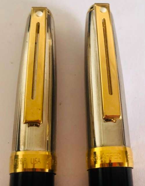 SHEAFFER SAGARIS ROLLERBALL PEN AND BALLPOINT PEN, BLACK AND SILVER BARREL WITH GOLD TRIM IN BOX