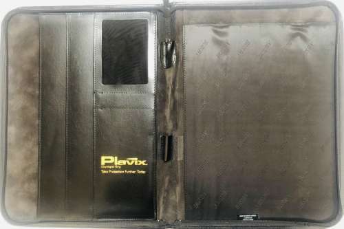 BLACK BUSBY LEATHER A4 FOLDER IN EXCELLENT CONDITION, EMBOSSED WITH PLAVIX LOGO ON INSIDE OF FOLDER