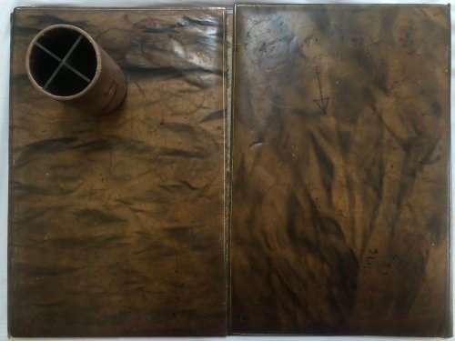 MATCHING BROWN LEATHER DESKTOP SET: DESKTOP CALENDAR HOLDER AND PEN HOLDER