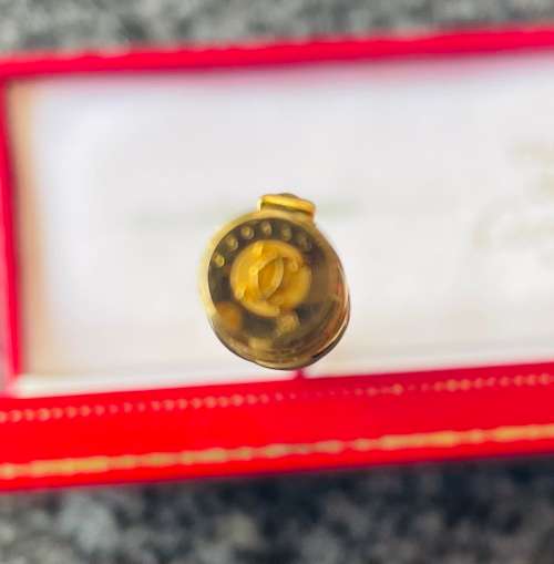 MUST DE CARTIER SANTOS BALLPOINT PEN IN BOX - BRUSHED STEEL WITH GOLD TRIM IN EXCELLENT CONDITION