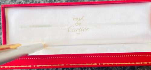 MUST DE CARTIER SANTOS BALLPOINT PEN IN BOX - BRUSHED STEEL WITH GOLD TRIM IN EXCELLENT CONDITION