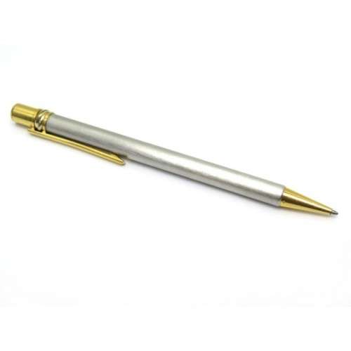 MUST DE CARTIER SANTOS BALLPOINT PEN IN BOX - BRUSHED STEEL WITH GOLD TRIM IN EXCELLENT CONDITION