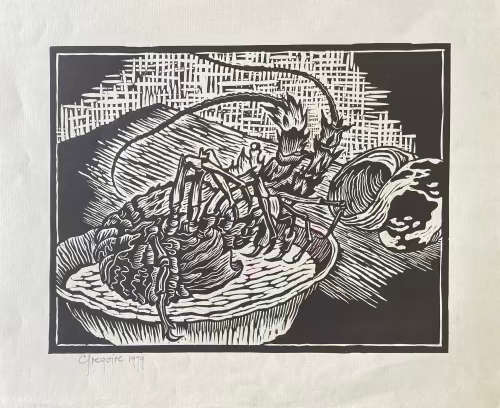 SIGNED!! LARGE GREGOIRE BOONZAIER BLACK AND WHITE LOBSTER LINOCUT SIGNED AND DATED 1979