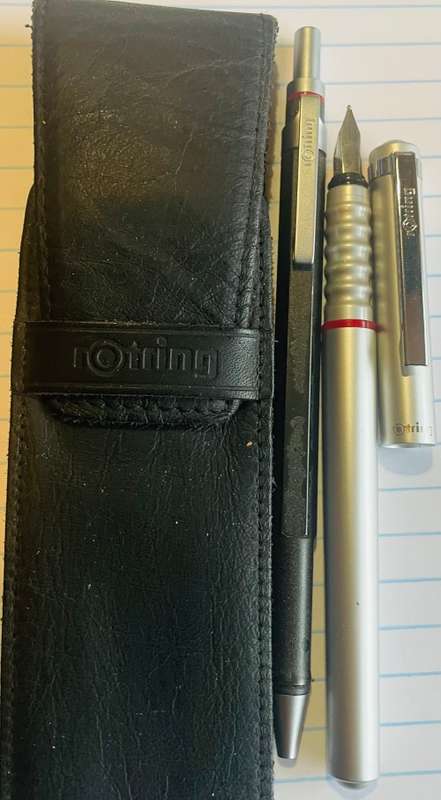 ROTRING 400 FOUNTAIN PEN AND ROTRING 600 MECHANICAL PENCIL IN BLACK LEATHER ROTRING CASE