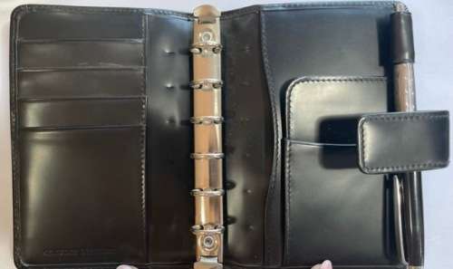 POLO MINI MAROON AND BLACK LEATHER FILOFAX AND CARD HOLDER WITH BLACK AND SILVER BALLPOINT PEN