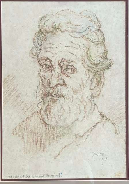 SIGNED AND DATED 1983!! GREGOIRE BOONZAIER DRAWING, TITLED `OLD MAN WITH BEARD - NOT GREGOIRE!`