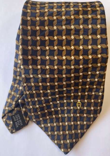 ORIGINAL ETIENNE AIGNER MENS PURE SILK HANDMADE TIE WITH BROWN AND NAVY PATTERN