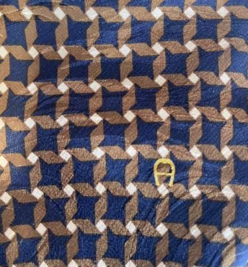 ORIGINAL ETIENNE AIGNER MENS PURE SILK HANDMADE TIE WITH BROWN AND NAVY PATTERN