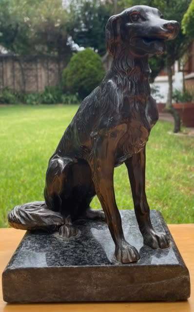 DESK TOP SIZE BRONZE SCULPTURE, SITTING DOG ON GRANITE BASE BY UNKNOWN ARTIST