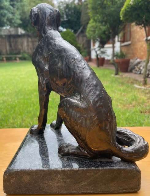 DESK TOP SIZE BRONZE SCULPTURE, SITTING DOG ON GRANITE BASE BY UNKNOWN ARTIST