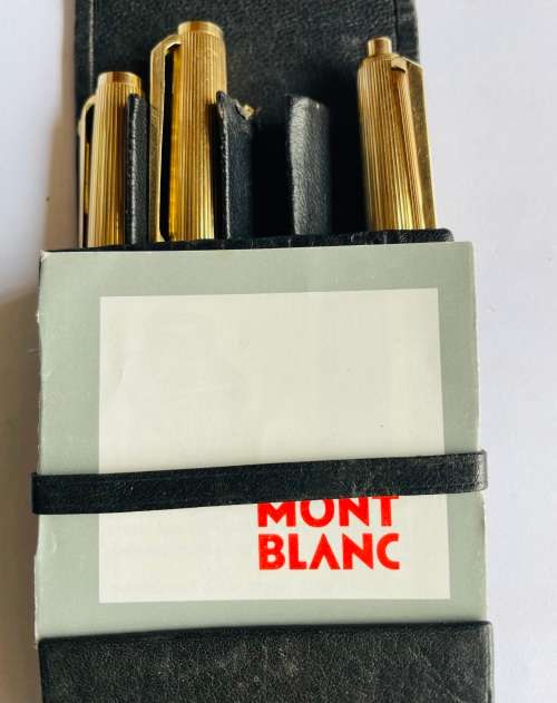 RARE! MONT BLANC 184 FOUNTAIN PEN WITH 18K GOLD NIB, LEVER BALLPOINT PEN & PENCIL IN LEATHER CASE