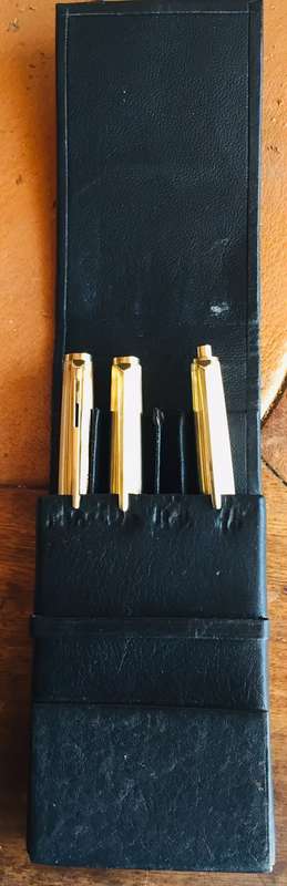 RARE! MONT BLANC 184 FOUNTAIN PEN WITH 18K GOLD NIB, LEVER BALLPOINT PEN & PENCIL IN LEATHER CASE