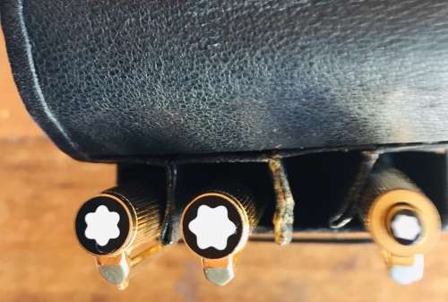 RARE! MONT BLANC 184 FOUNTAIN PEN WITH 18K GOLD NIB, LEVER BALLPOINT PEN & PENCIL IN LEATHER CASE