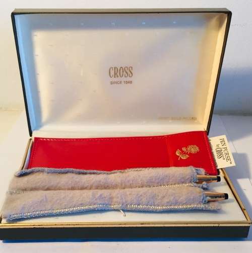 CROSS 14K CLIPLESS ROSE GOLD BALLPOINT PEN AND PENCIL SET WITH RED LEATHER CASE IN ORIGINAL BOX
