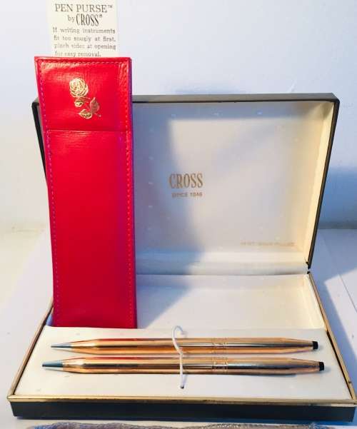 CROSS 14K CLIPLESS ROSE GOLD BALLPOINT PEN AND PENCIL SET WITH RED LEATHER CASE IN ORIGINAL BOX