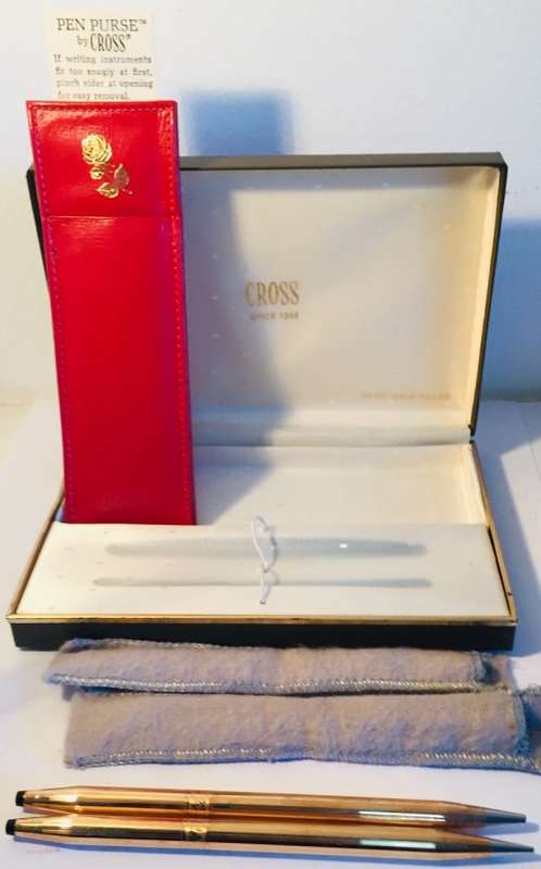 CROSS 14K CLIPLESS ROSE GOLD BALLPOINT PEN AND PENCIL SET WITH RED LEATHER CASE IN ORIGINAL BOX