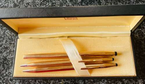 CROSS TRIO SET ROSE GOLD FOUNTAIN PEN WITH 14K GOLD NIB, BALLPOINT PEN & PENCIL IN BOX