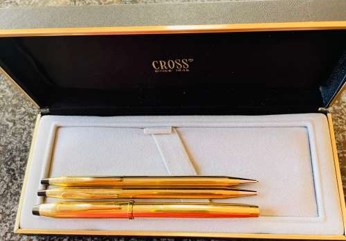 CROSS TRIO SET YELLOW GOLD 10K ROLLERBALL + BALLPOINT PEN + PENCIL IN BOX