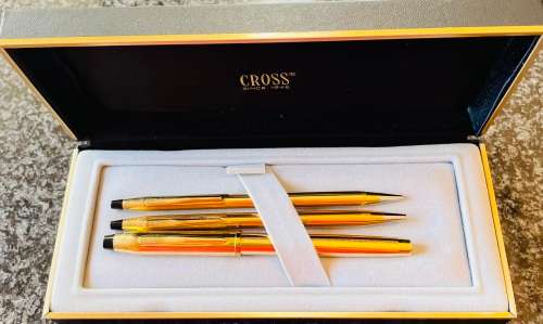CROSS TRIO SET YELLOW GOLD 10K ROLLERBALL + BALLPOINT PEN + PENCIL IN BOX