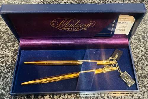 SCARCE! CARAN D'ACHE MADISON BALLPOINT PEN AND PENCIL WITH PINSTRIPE DESIGN IN BOX UNUSED