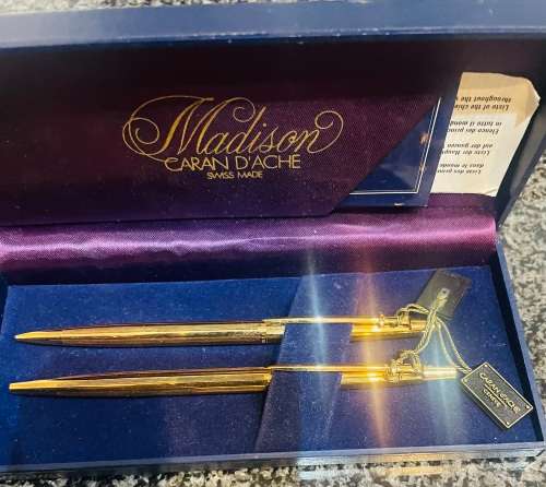 SCARCE! CARAN D'ACHE MADISON BALLPOINT PEN AND PENCIL WITH PINSTRIPE DESIGN IN BOX UNUSED