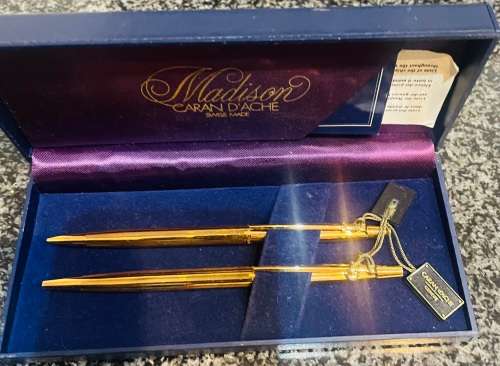 SCARCE! CARAN D'ACHE MADISON BALLPOINT PEN AND PENCIL WITH PINSTRIPE DESIGN IN BOX UNUSED