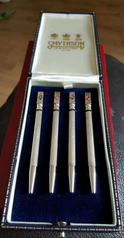 SMYTHSON OF BOND STREET STERLING SILVER 4 PIECE BRIDGE PENCIL SET IN BOX