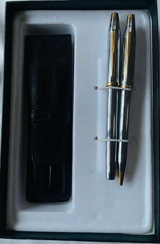 CROSS CENTURY II CHROME AND GOLD FOUNTAIN PEN AND BALLPOINT PEN WITH CROSS LEATHER PEN POUCH