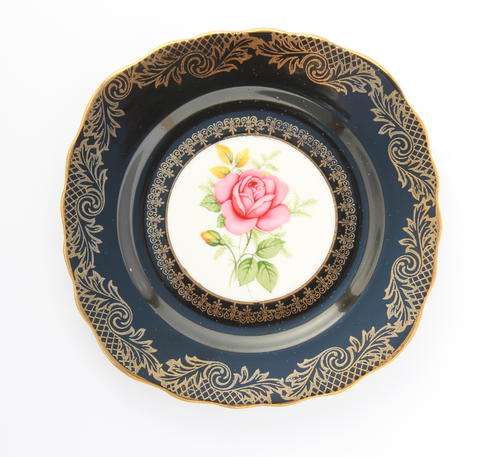 Imperial black and gold with rose fine bone china tea trio - cake plate