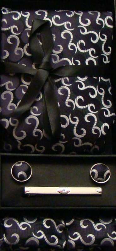 4 PIECE BLUE/SILVER GIFT SET WITH TIE, CUFFLINKS, TIE PIN AND HANDKERCHIEF