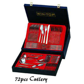 72 PIECE QUALITY STAINLESS STEEL AND GOLD CUTLERY SET WITH LOCK COMBINATION LEATHER BRIEFCASE