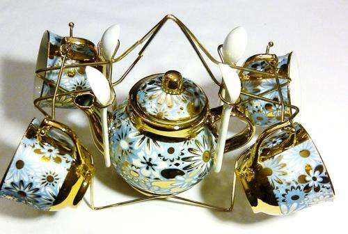 ELEGANT 10 PIECE GOLD AND BLUE PORCELAIN CHINESE TEA/COFFEE SET + FREE XMAS GIFT