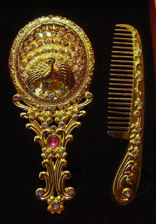 Valentines gift - ANTIQUE GOLD MIRROR AND COMB PEACOCK SET WITH SIMULATED GEMSTONES