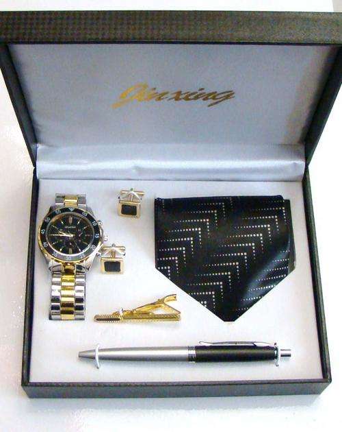 Valentines gift-5 PIECE BLACK GIFT SET CONSISTING OF WATCH CUFFLINKS, TIE PIN, TIE AND MATCHING PEN