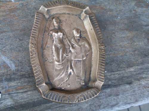 VINTAGE CAST BRASS OH, AH RISQUE EROTIC ASHTRAY. MAN WOMAN FRONT AND BACK
