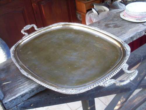 LARGE VINTAGE SILVER PLATE ON BRASS TRAY HANDLES. SHELL AND OTHER DETAIL. RUBBING!