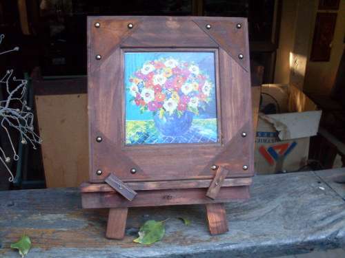 FAMOUS! ARTIST PORTCHIE TILE SIZE FLORAL PRINTON BOARD FRAMED ON A WOOD EASEL FRAME L