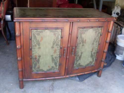 BEAUTIFUL & UNIQUE HAND CRAFTED & PART HAND PAINTED PHILIPPINES BAMBOO & WOOD TWO DOOR CABINET WOW!!