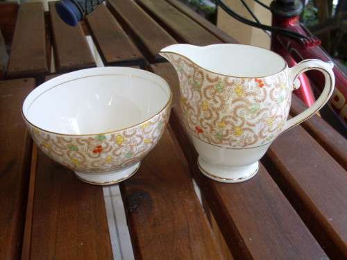 VINTAGE PARTIALLY HAND PAINTED BELL FINE BONE CHINA CREAMER & SUGAR BOWL BANDED BUSY DECOR + GILT