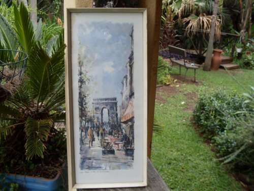 VINTAGE, VERY OLD FRAMED PRINT OF L'ARC DE TRIOMPHE CAFE SOCIETY STREET SCENE BY DE CARERE???/