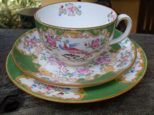 VINTAGE & ANTIQUE MINTONS GREEN "COCKATRICE" TEA TRIO. FAB PATTERN WITH BIRD, SCROLL ETC