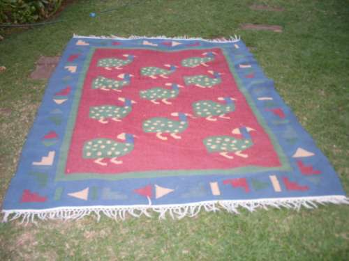 for Mercia DHURRIE KILIM. NICE COLOURS AND FIELD OF GUINEA FOWLS
