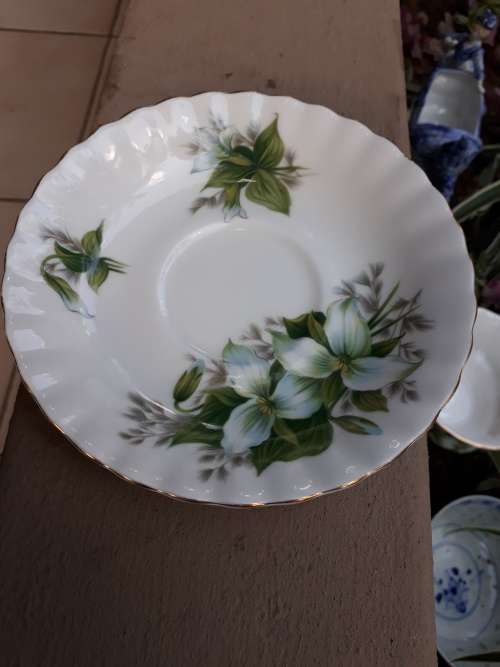 BEAUTIFUL ROYAL ALBERT TRILLIUM SAUCER WHITE FLOWER GREEN LEAF, SUPER