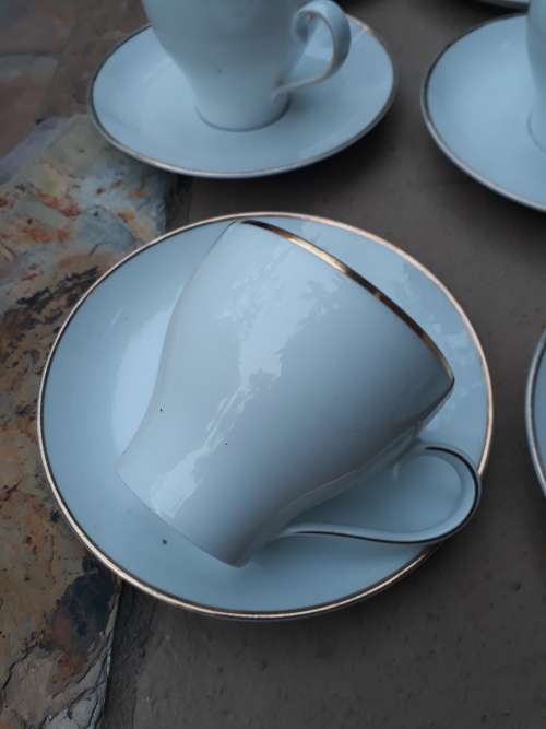 VINTAGE HUTSCHENREUTER GERMANY PART POESIE COFFEE SERVICE (CLASSIC WHITE & GILT RIMS)
