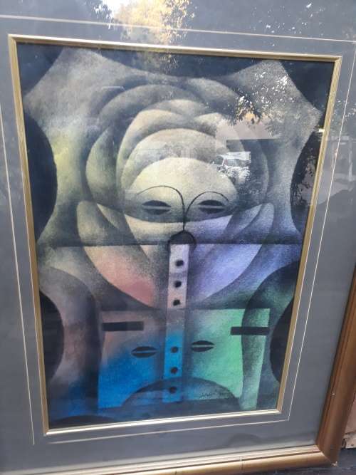 BEAUTIFUL FRAMED LARGE ABSTRACT MIXED MEDIA WINSTON SAOLI '90 OF FLUTIST / MUSICIAN