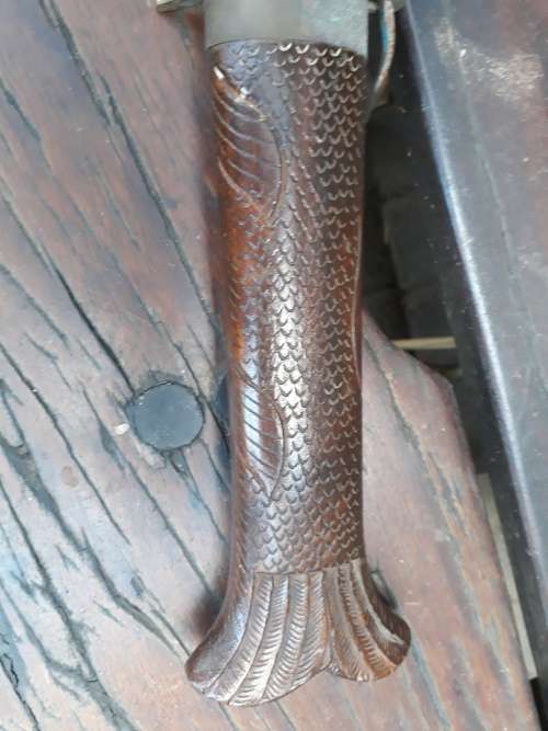 THERE IS SOMETHING FISHY ABOUT THIS! VINTAGE CARVED FISH SHAPED SHEATH & KNIFE WOOD & METAL. INDIAN