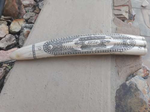 VERY INTERESTING UNUSUAL PIECE REPRODUCTION TYPE OF RESIN SCRIMSHAW TUSK. MARINER CONNECTION?