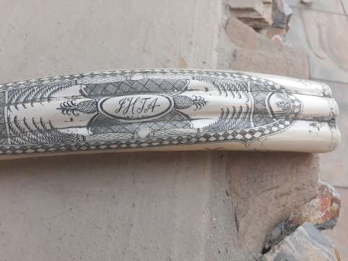VERY INTERESTING UNUSUAL PIECE REPRODUCTION TYPE OF RESIN SCRIMSHAW TUSK. MARINER CONNECTION?