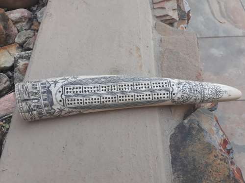 VERY INTERESTING UNUSUAL PIECE REPRODUCTION TYPE OF RESIN SCRIMSHAW TUSK. MARINER CONNECTION?