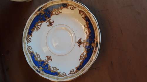VINTAGE GRINDLEY ENGLAND DEMI TASSE COFFEE CUP & SAUCER, BLUE CARTOUCHE SCROLL
